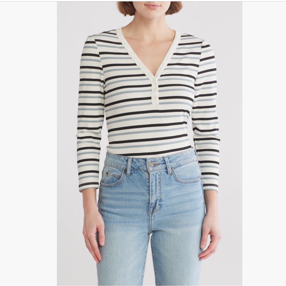 Sanctuary Women's Long Sleeve Henley Tee Sz‎ L - Milk Blue Striped Ribbed Knit